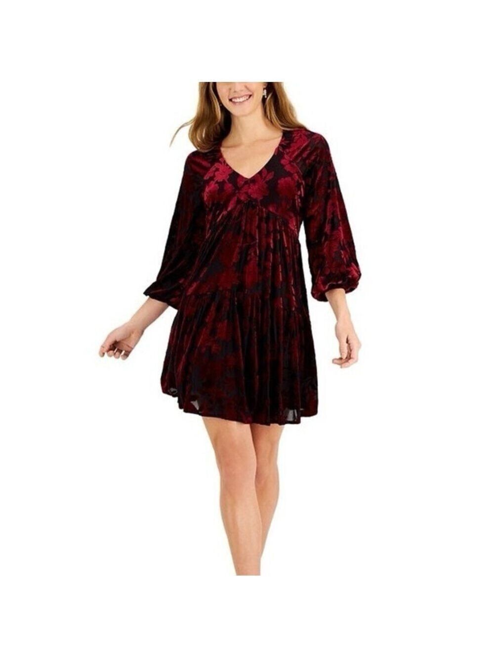 *NWT* Taylor V-Neck Babydoll Velvet Burnout Dress Maroon/Black Size 4